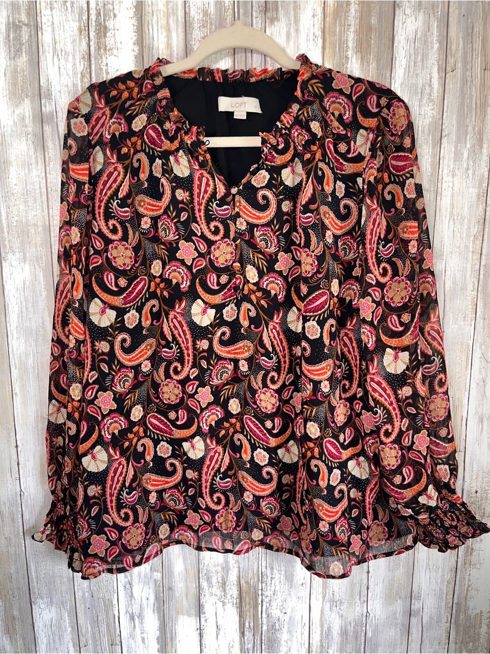 LOFT Petite Paisley Floral Ruffle Blouse Black Orange Pink XLP - Picture 2 of 6